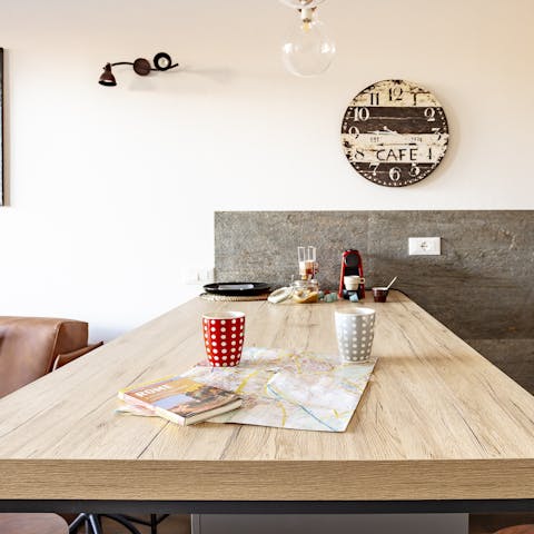 Prepare meals at the wooden kitchen island
