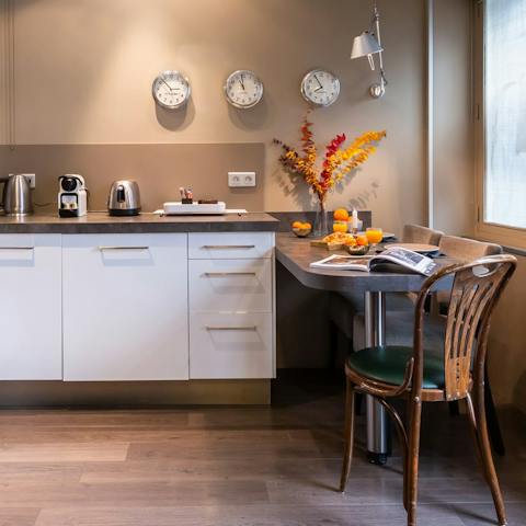 Enjoy fresh coffee and croissants in the sunny breakfast corner