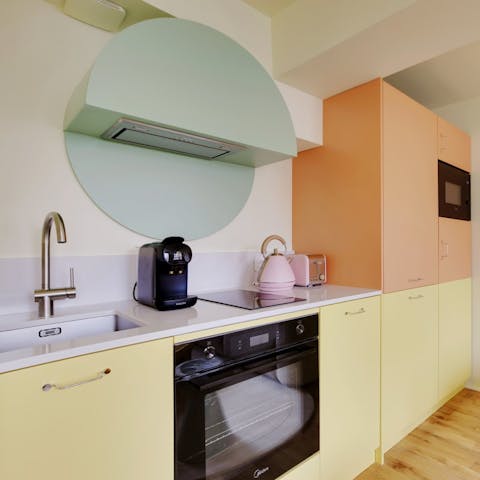 Cook in the pastel-hued kitchen or dine out nearby