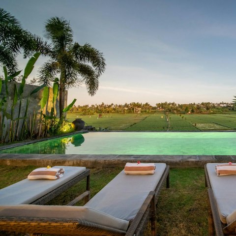 Relax by the pool with a view of the ricefields