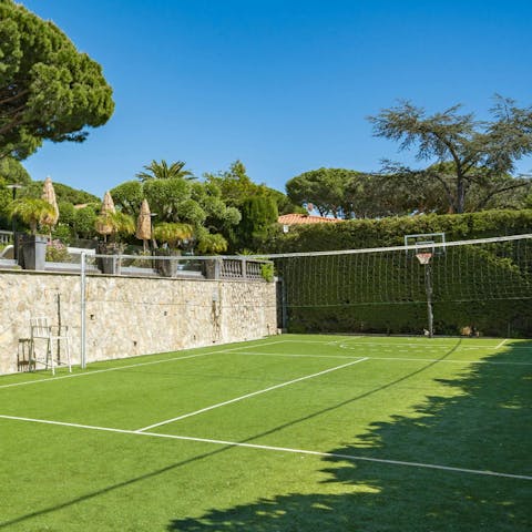 Take advantage of the private tennis/basketball court