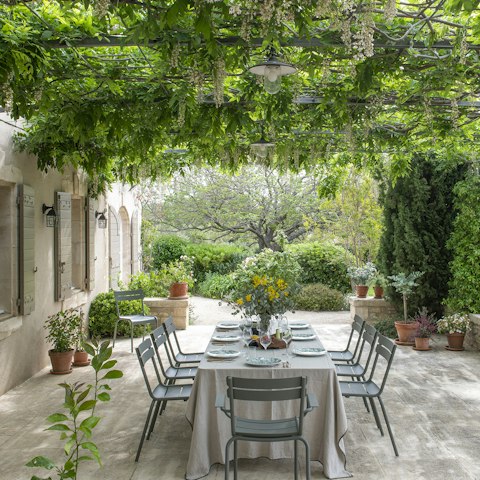 Tuck into a French feast on the vine-covered terrace