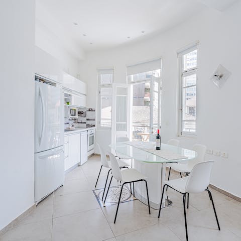 Enjoy a traditional hummus dish in your spotless kitchen-dining space