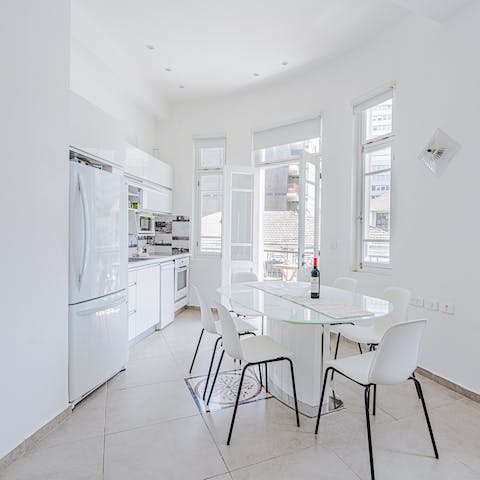 Enjoy a traditional hummus dish in your spotless kitchen-dining space