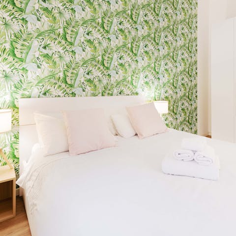 Drift off in the botanical-inspired bedroom – a leafy little sanctuary after a day in the city