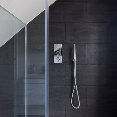 The patterned shower tiles