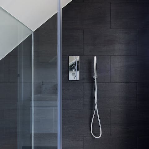 The patterned shower tiles