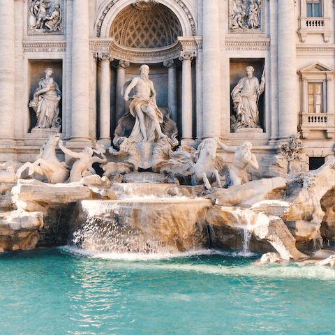 Admire the beautiful Trevi Fountain, just under a half an hour walk or a fifteen-minute ride away