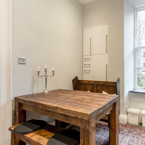 Set the table ready for a traditional breakfast in the stylish kitchen
