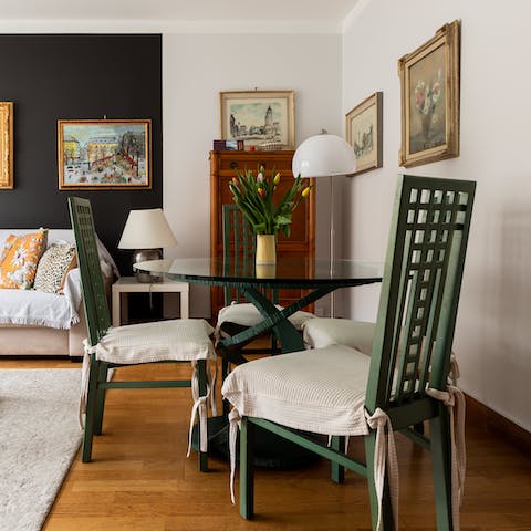 Start mornings with fresh coffee and croissants at the dining table