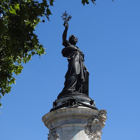 Take an eight-minute wander over to visit the iconic Place de la République