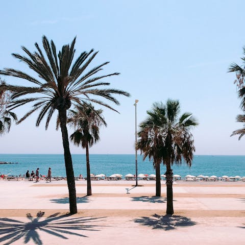 Soak up the sun on Barceloneta Beach, an eleven minute drive