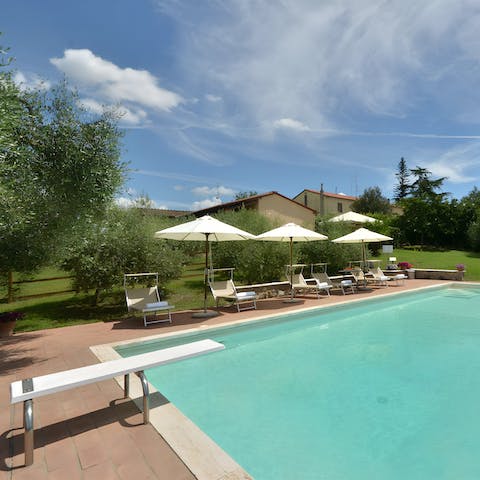 Lounge in the sun by the private pool before diving in on the diving board