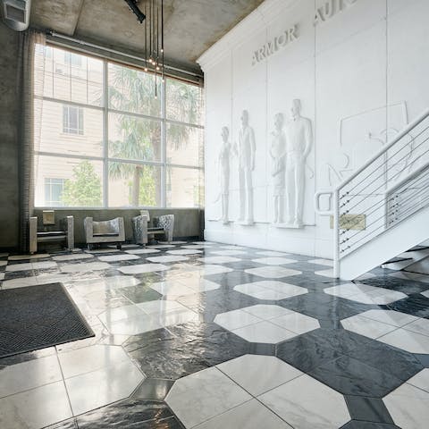 Head out for dinner via the majestic marble lobby of the building