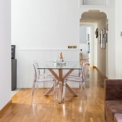 Sit down on the elegant ghost chairs for brunch