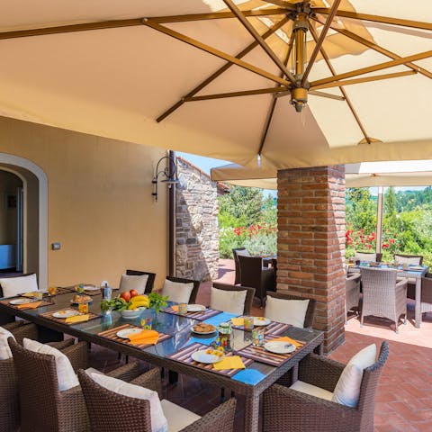 Sit outside on the shared terrace and dig into a home-cooked carbonara