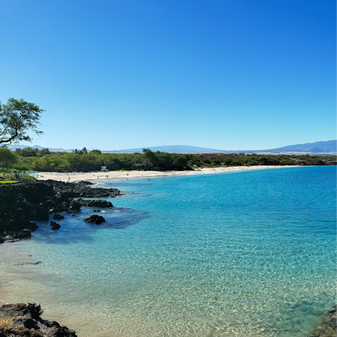 Visit scenic Hapuna Beach, a ten-minute drive away