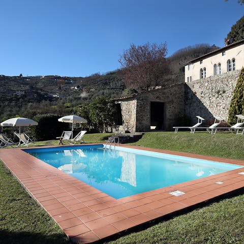 Swim while looking out at the luscious landscape