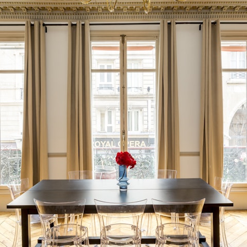 Gather around the dining table for café au lait and croissants