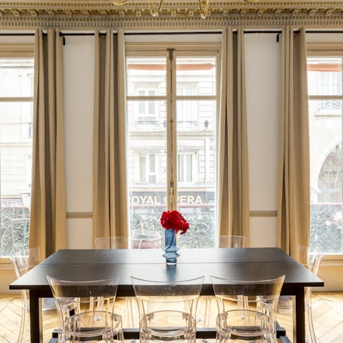 Gather around the dining table for café au lait and croissants