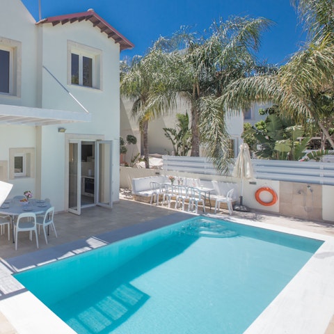 Splash into the pool surrounded by palm trees and open sky