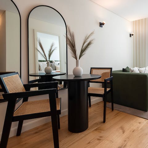 Relax in the stylish living space – perfect for pre-exploring morning espressos
