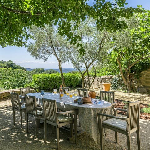 Relax with a bottle of French wine under the shade of the trees