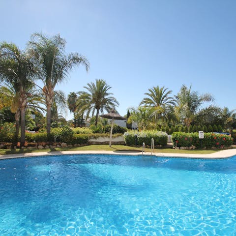 Spend sunny afternoons taking dips in the palm-fringed communal pool