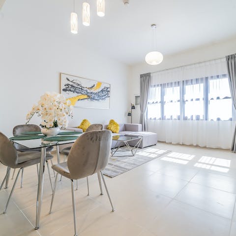 Kick back and relax in the apartment's light-filled living area