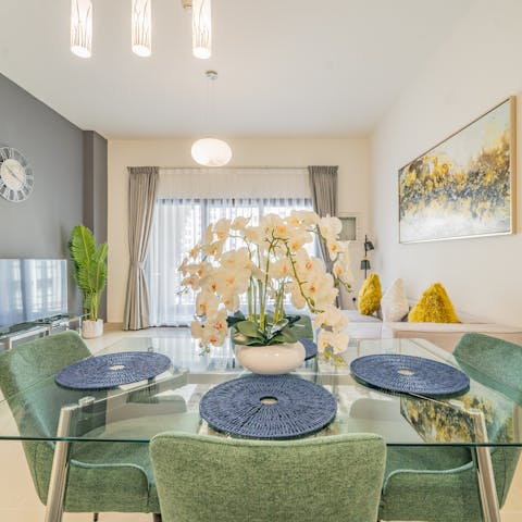 Gather together for a celebratory meal at the dining table when you're not out sampling the local restaurants