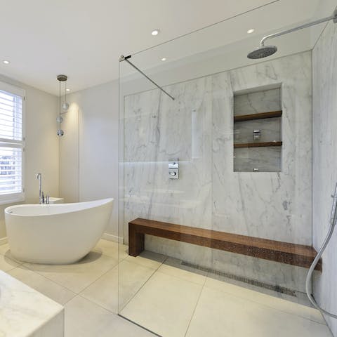 Get ready for a night out in London in the luxurious bathroom