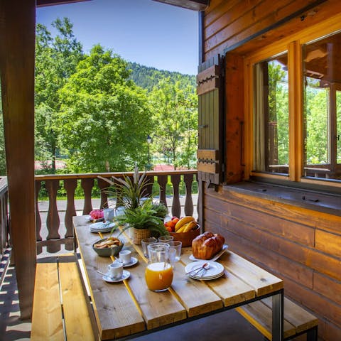 Enjoy a hearty breakfast on the private balcony