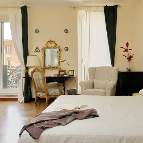 Get ready for the day at the antique vanity, which doubles as a desk