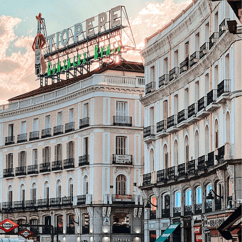 Awaken the senses with a trip to the vibrant Puerta de Sol – a six– minute walk away