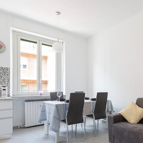 Enjoy homecooked meals in the light-filled dining area