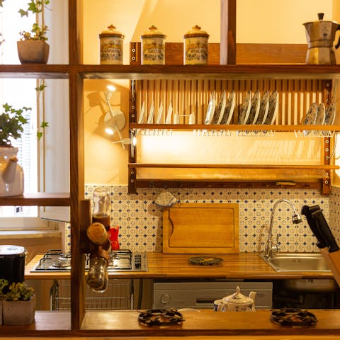 Put together a fresh pasta dish in this rustic kitchen