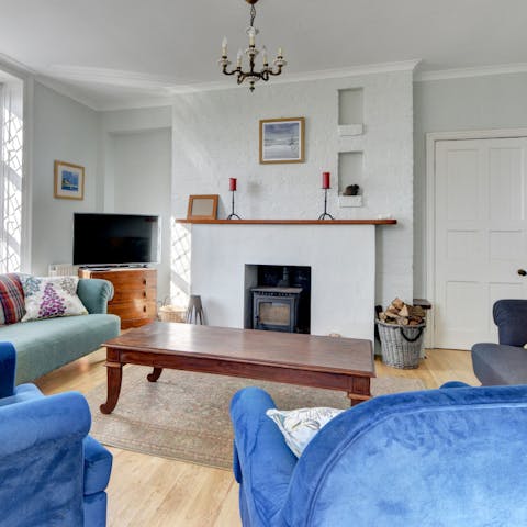 Warm up by the wood-burning stove as the wind picks up outside