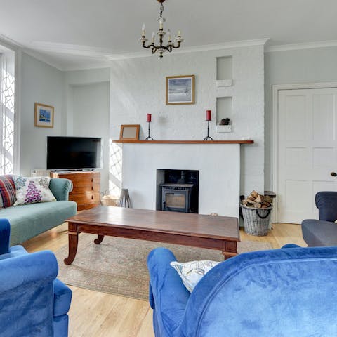 Warm up by the wood-burning stove as the wind picks up outside
