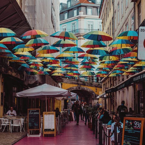 Wander through the kaleidoscope of colour in the exuberant Pink Street, just a twenty-two minute walk from the apartment