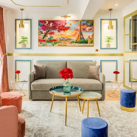 Relax on the comfy sofa after exploring Paris