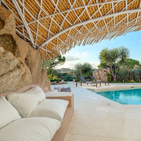 Cool off under the canopy-covered seating area