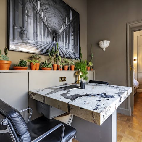 Catch up on work or call friends from the home office