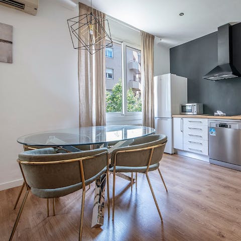 Start the day with coffee and pastries around the dining table
