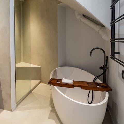 Unwind in the bathtub after a busy day exploring the city