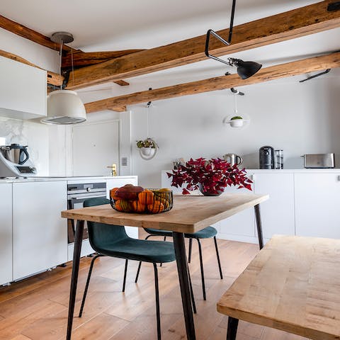Start mornings with fresh coffee and croissants in the beamed kitchen before setting off to explore