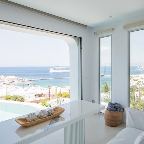 Admire the Aegean seascape from the living room