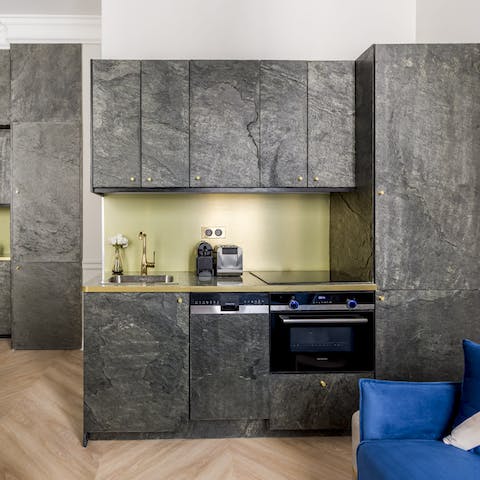 Wake yourself up with an espresso at the kitchenette