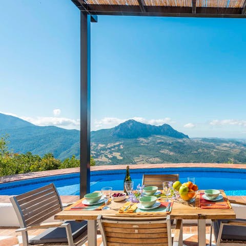 Enjoy mountain views as you feast at the alfresco dining area