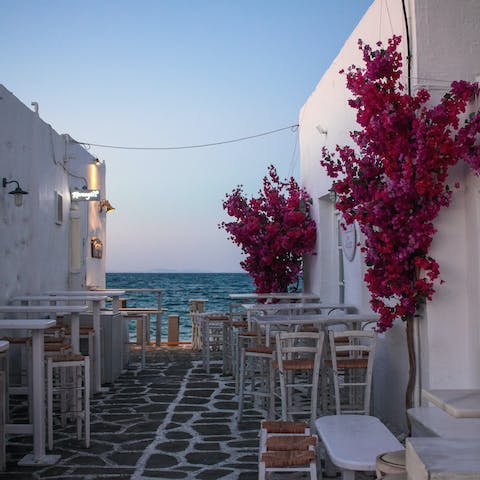 Explore Naoussa's pretty town centre, stopping for a meal at one of the waterfront eateries