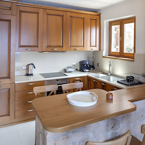 Prepare a refreshing Greek salad in the charming kitchen